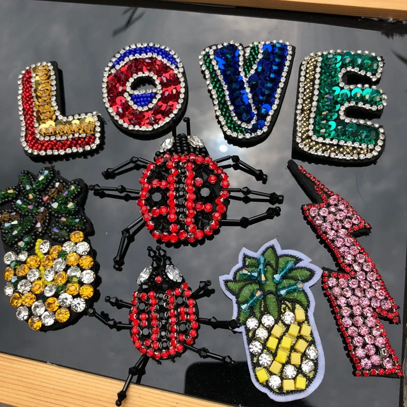 

3D Handmade Rhinestone Beaded Lightning Patches LOVE Sew On Sequin Patch For Clothing Beading Applique Pineapple Patch