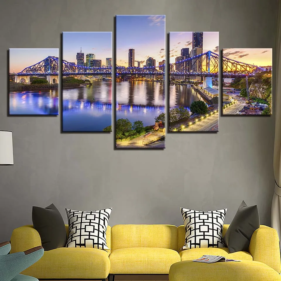 Canvas Painting Wall Art Home Decor 5 Pieces Brisbane Story Bridge Pictures HD Prints Cityscape