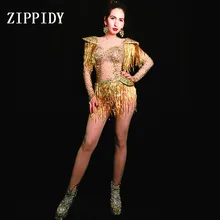 Блестящий золотой кисточкой стразы сексуальный сетчатый комбинезон день рождения для празднования вечеринок прозрачная одежда выпускного вечера диджей певича боди