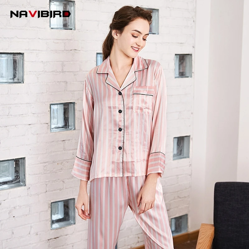 Spring Pink Striped Imitation Silk Pajamas Women Long Sleeves Home