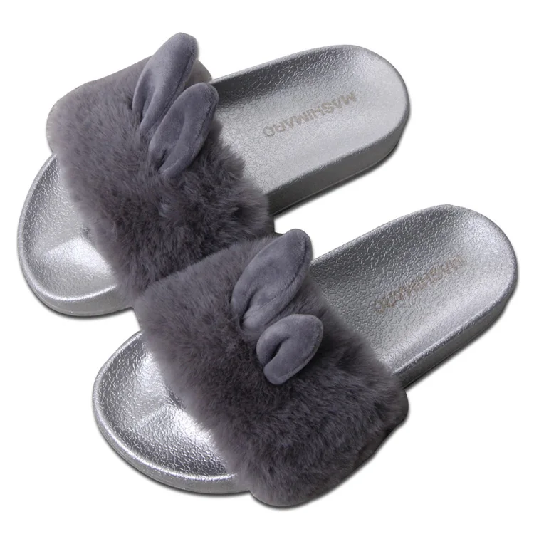 ISSACOCO/Женские однотонные меховые тапочки на плоской подошве; тапочки с натуральным кроличьим мехом; нескользящие плюшевые модные тапочки; пушистые домашние тапочки из флока - Цвет: Gray