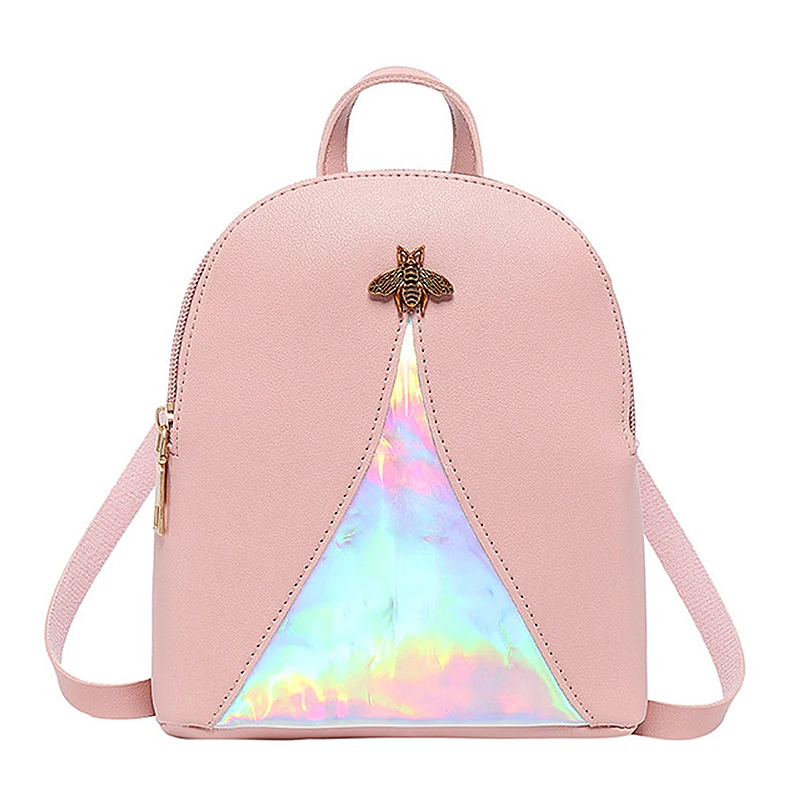 

2019 New laser Holographic Backpack Women Leather Luxury Metal bee design Mochila Small Shoulder Bag Ladies travel bag M491