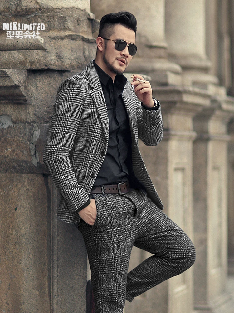 Зимняя мужская новинка шерстяной клетчатый тонкий костюм для отдыха metrosexual man