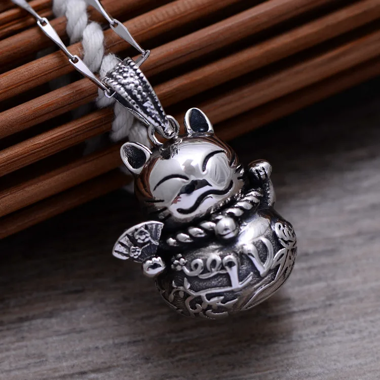 Lucky Cat &amp Bag 925 пробы серебряный Ретро Подвеска для ожерелья мужчин и женщин
