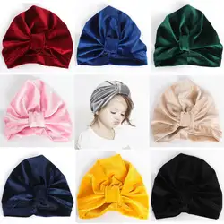 Для маленьких девочек лук шапочка Кепки малышей бархат тюрбан Индия шляпа аксессуары для волос