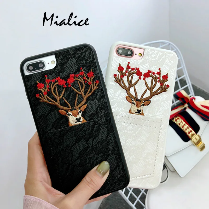 Merry Christmas Lace Embroidery Deer Elk Phone Case for iphone 6 6s 7 8 Plus Soft Leather Card Back Cover |