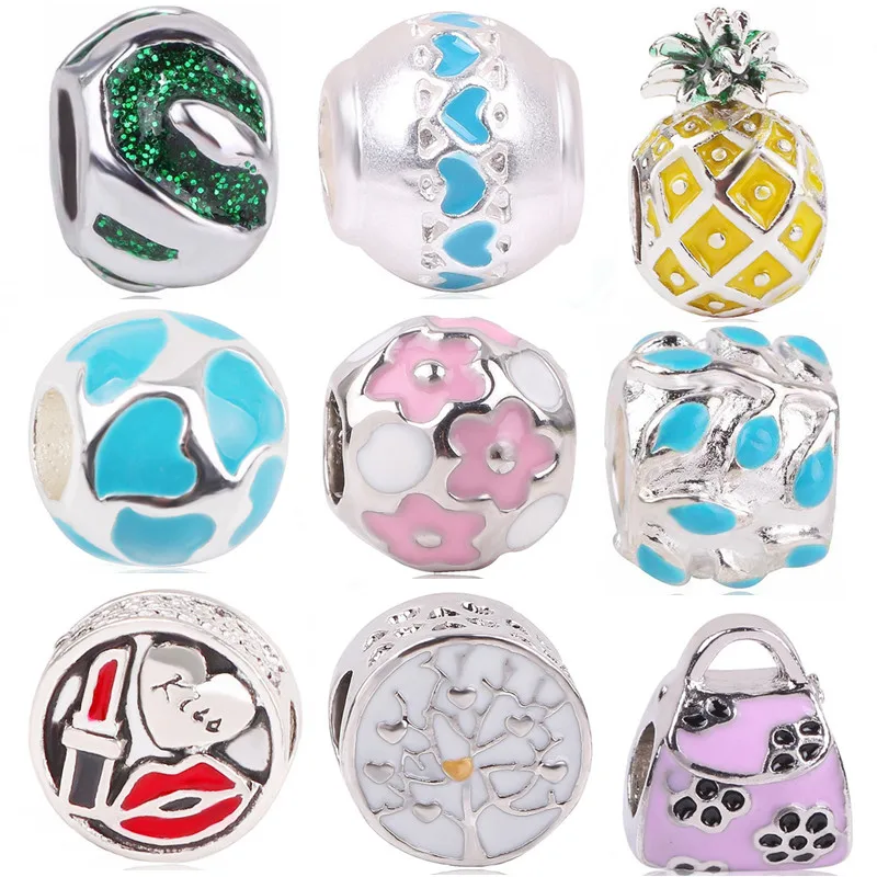 

dodocharms New Silver Color Pineapple Kiss Tree Flower Football Jewelry Marking Beads For Pandora Charm Bracelets Accessories