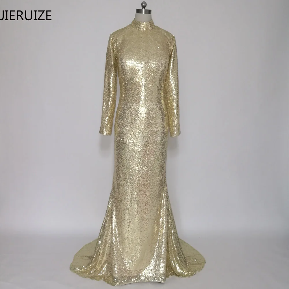 JIERUIZE Gold Sequin Mermaid Evening Dresses Long Low Back Long Sleeves Prom Dresses Formal Dresses robe de soiree