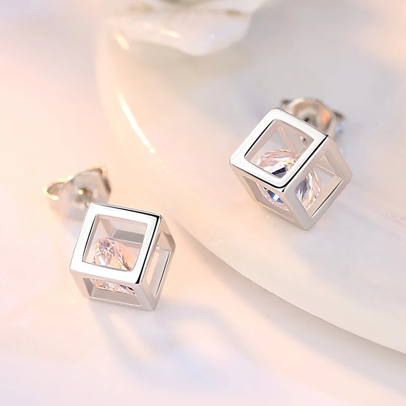 ANENJERY Simple 925 Sterling Silver Zircon Squre Cube Earrings For Women Girl Gift S-E905