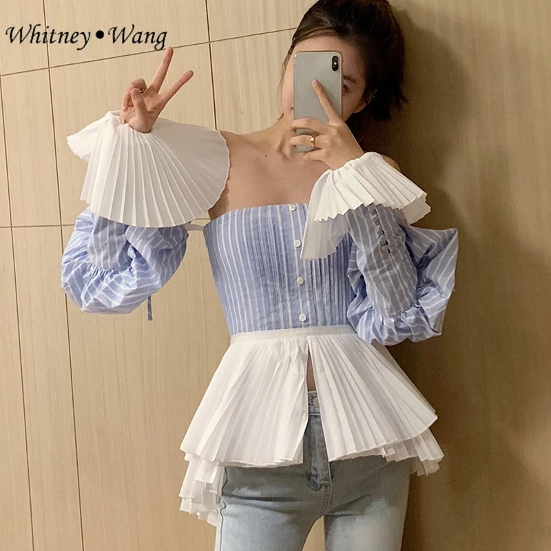 

WHITNEY WANG 2019 Spring Summer Fashion Streetwear Designer Style Pleated Patchwork Striped Blouse Women Blusas Shirt Tops