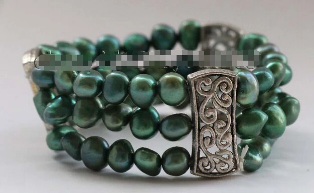 

8" Genuine 3rows Natural 7x9mm Green Baroque Pearl Bracelet #f2328!^^^@^Noble style Natural Fine jewe SHIPPING 5.25