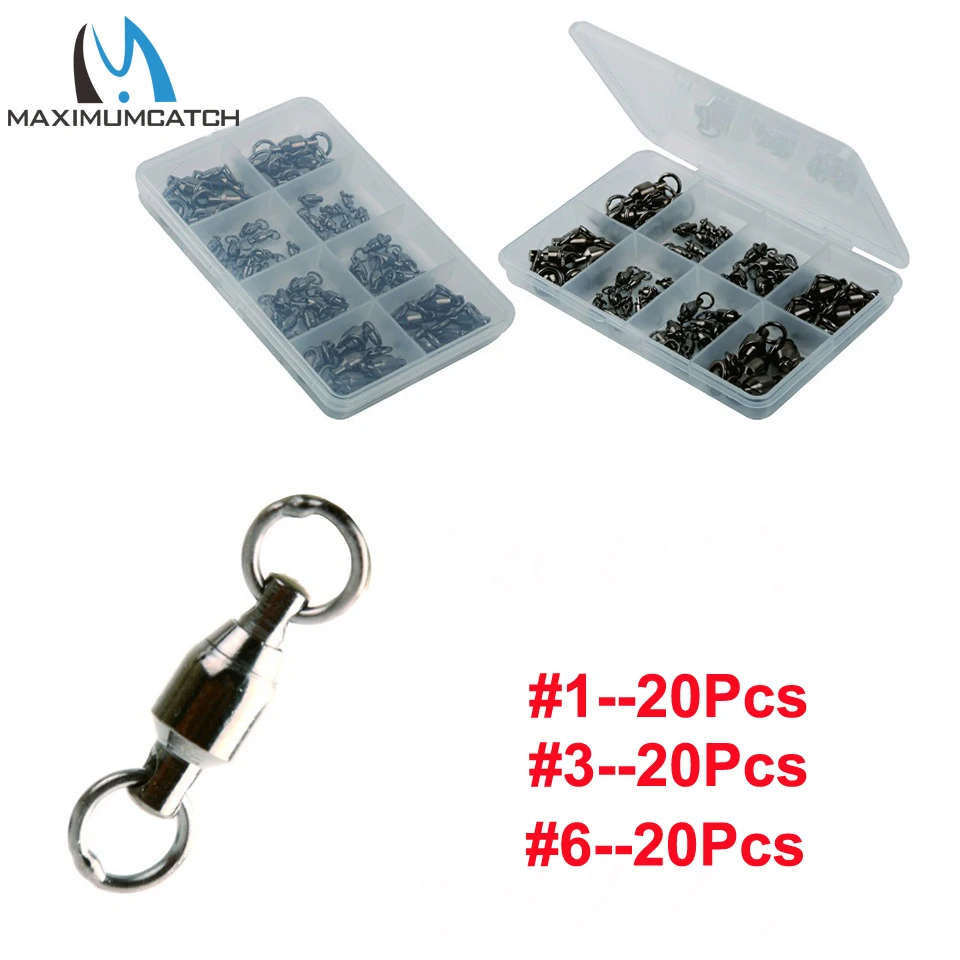 

High Quality 3 Sizes 60pcs/Lot Compartment Box Pack Fishing Ball Bearing Swivel With Welded Ring