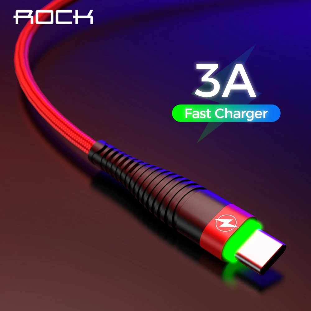 

ROCK Type C 3A LED Light USB Type C Cable USBC Fast Charging QC 4.0 Charger Type-c Lighting Cable For Samsung S10 S9 Xiaomi 9 8