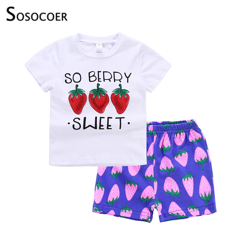 

SOSOCOER Toddler Girls Clothes Sets Summer Strawberry Printed Short Sleeve T Shirts+Shorts 2pcs Kids Children's Clothing Suit