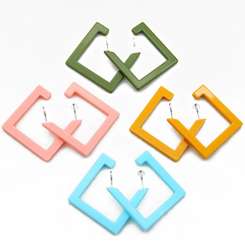 

FishPeach Korean Geometric Simple Acrylic Stud Earrings Statement Candy Color Square Plastic Big Earrings For Women Jewelry Gift
