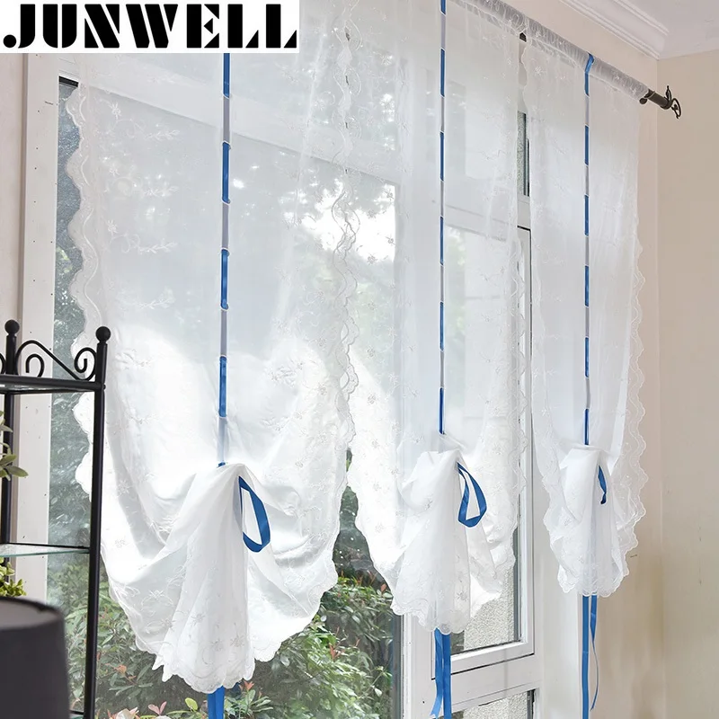 

Junwell White Embroidery Ribbon Roman Curtain Design Stitching Colors Tulle Balcony Kitchen Window Curtain Blind 1pc