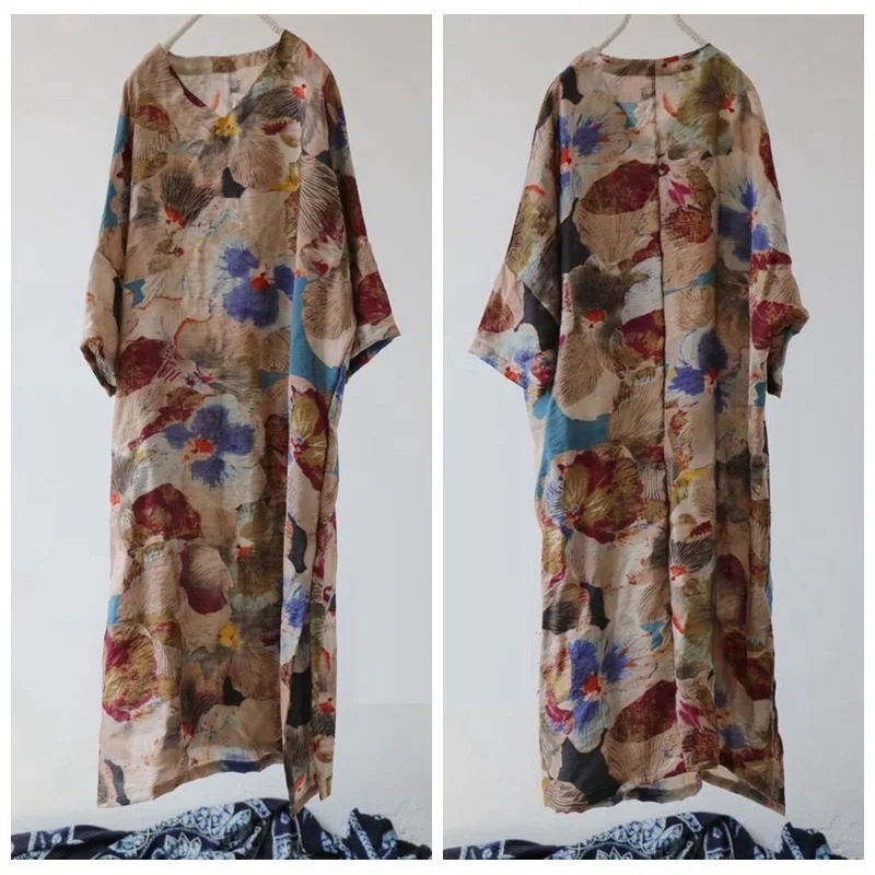 Женское свободное платье из вискозы и льна с V образным вырезом|linen dress|linen dresses for