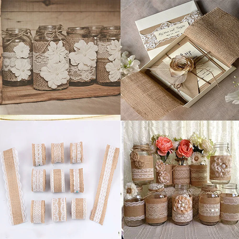 

2Meter Width 5cm Vintage Jute Burlap Rolls Hessian Ribbon With Lace Vintage Rustic Wedding Decoration DIY Home Art Ornament
