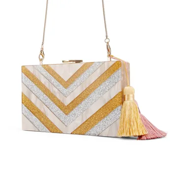 

1 Pcs Per Lot Size 18X11 CM Silver Gold Glitter Brush Color With Tassels Acrylic Bag Box Clutches Women Brand Messenger Bags