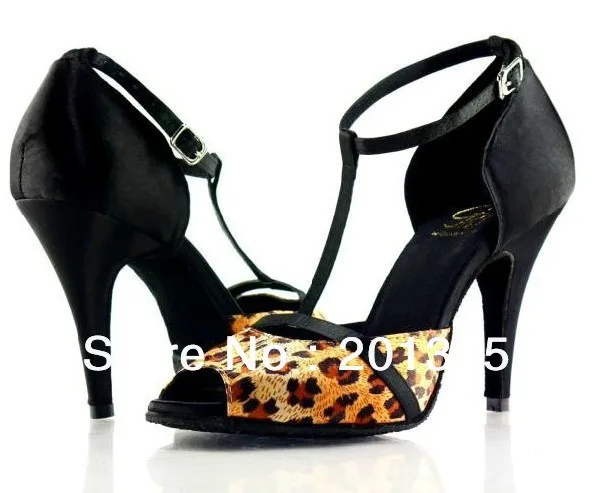 

New Free Shipping Leopard Black Satin T Straps Ballroom Shoes Latin Dance Salsa Dance Shoes Tango Shoes All Size