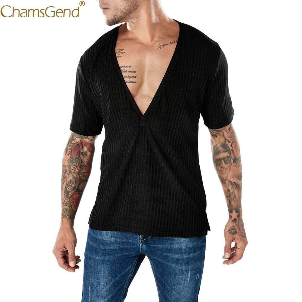 

HOT SALE men t-shirt Polyester comfortable High quality casual short sleeve Slim Deep V T Shirt Muscle Top Blouse Feb7