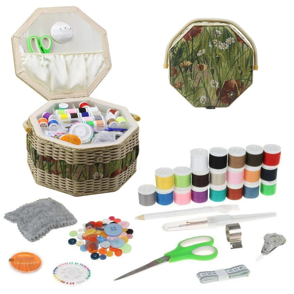 

Large Sewing Basket Kit Storage Box Organizer with Sewing Accessories DIY Wood&Fabric Crafts Box Christmas Gifts for Mom