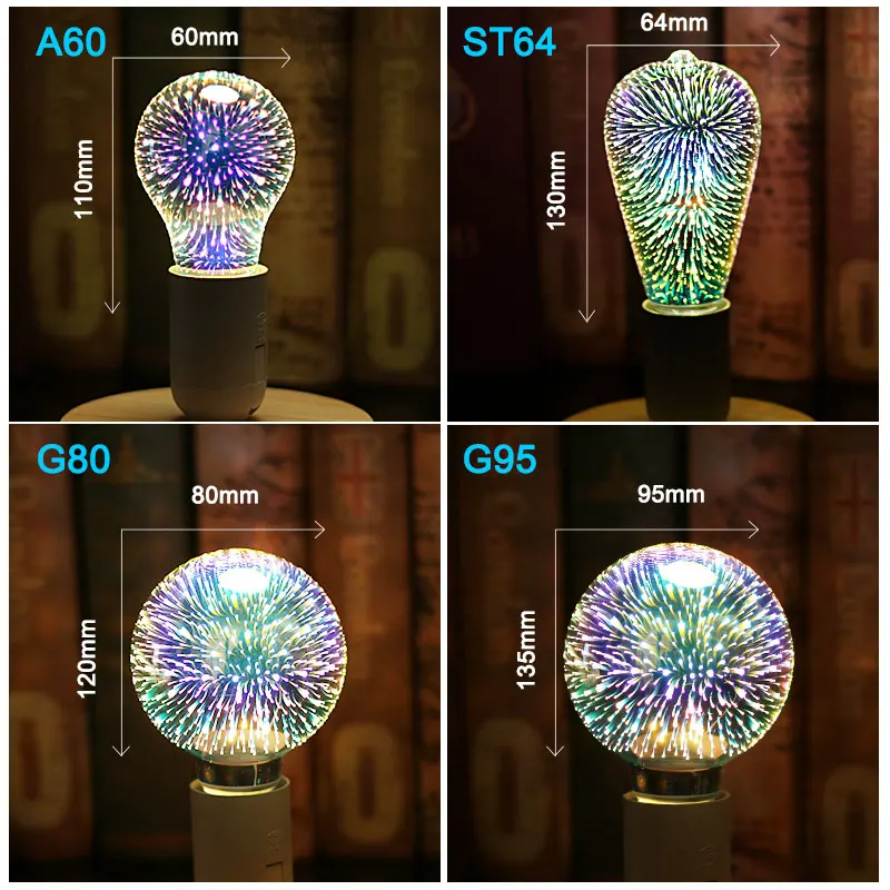 Светодиодный светильник Эдисона с цветными 3d звездами E27 220 В A60 ST64 G80 G95 G125 для