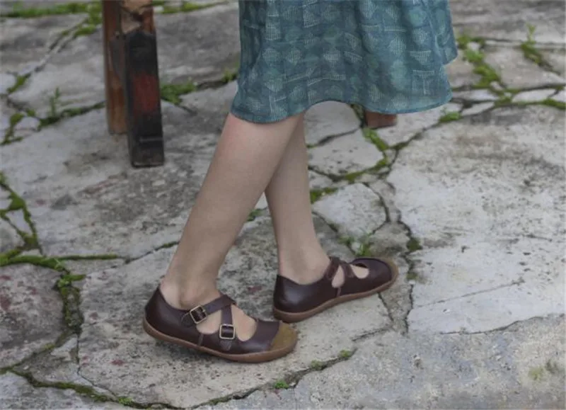 Genuíno Senhoras Cinta Fivela Sapatos de Sola Plana E098