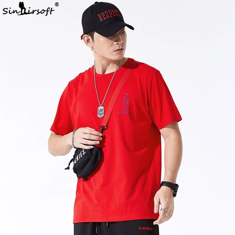 

SINAIRSOFT brand men's red t-shirt 100% cotton casual short-sleeved breathable soft T shirt new listing large size 5XL