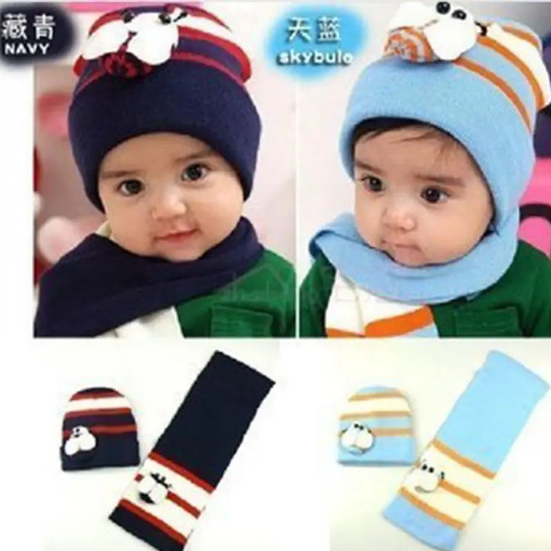 Лидер продаж, зимняя теплая шапка для мальчиков и девочек, шарф, комплект, милые вязаные хлопковые шапки, шарф для детей от 8 месяцев до 4 лет