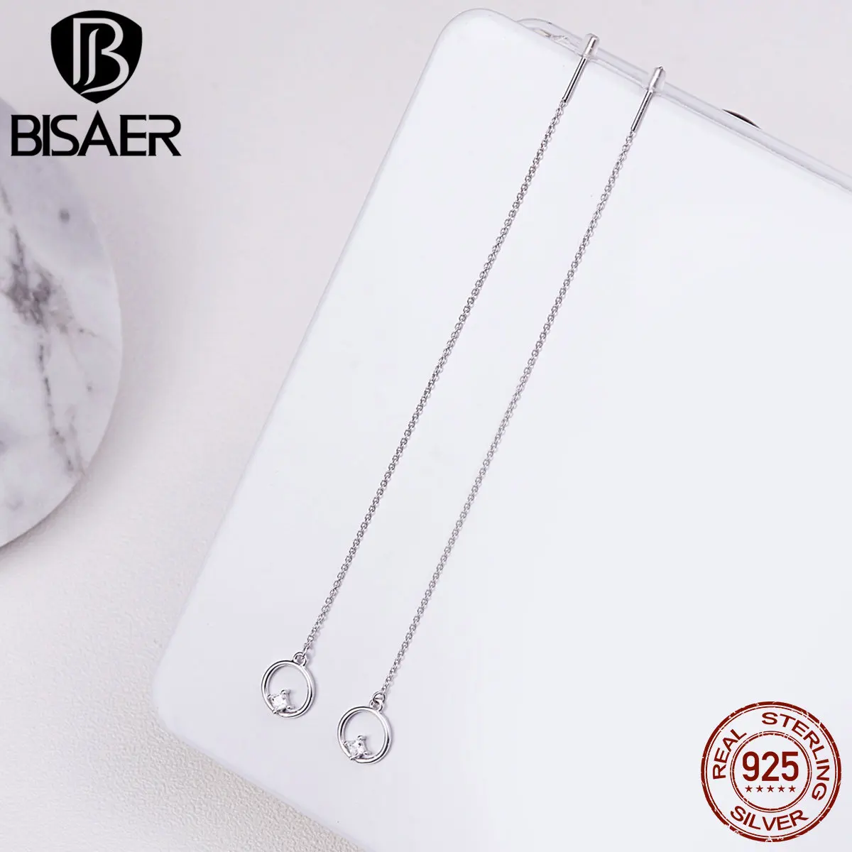 

BISAER Authentic 925 Sterling Silver Round Dangle Simple Long Earrings Women Fashion Drop Earrings Jewelry Brincos ECE080