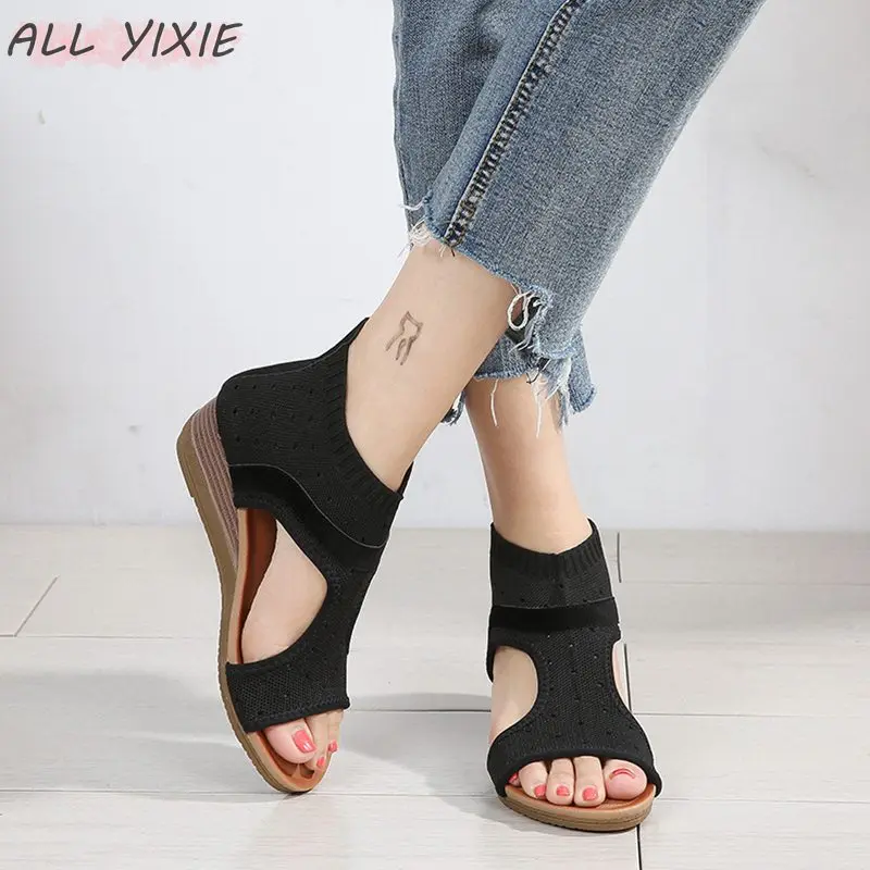 

ALL YIXIE 2019 Fashion Black Wedge with Women's Sandals Summer Mesh Open Toe High Heel Ladies Sandals Women's Shoes Mujer Sandal