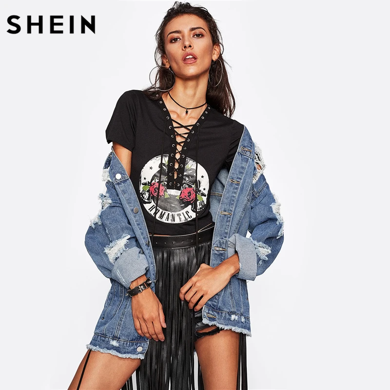 SHEIN Destroyed Boyfriend Denim Jacket Blue lapel Fall Jackets Women Single Breasted Casual Womens Jackets and Coats
