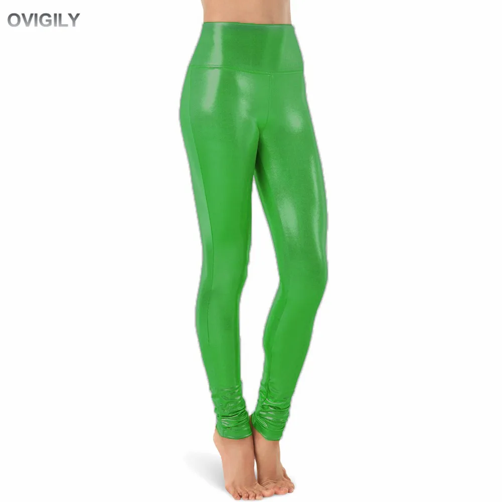 OVIGILY, 13 цветов, женские леггинсы с высокой талией, металлик, для танцев, полная длина, блестящие костюмы для выступлений, спандекс, штаны для взрослых - Цвет: Green