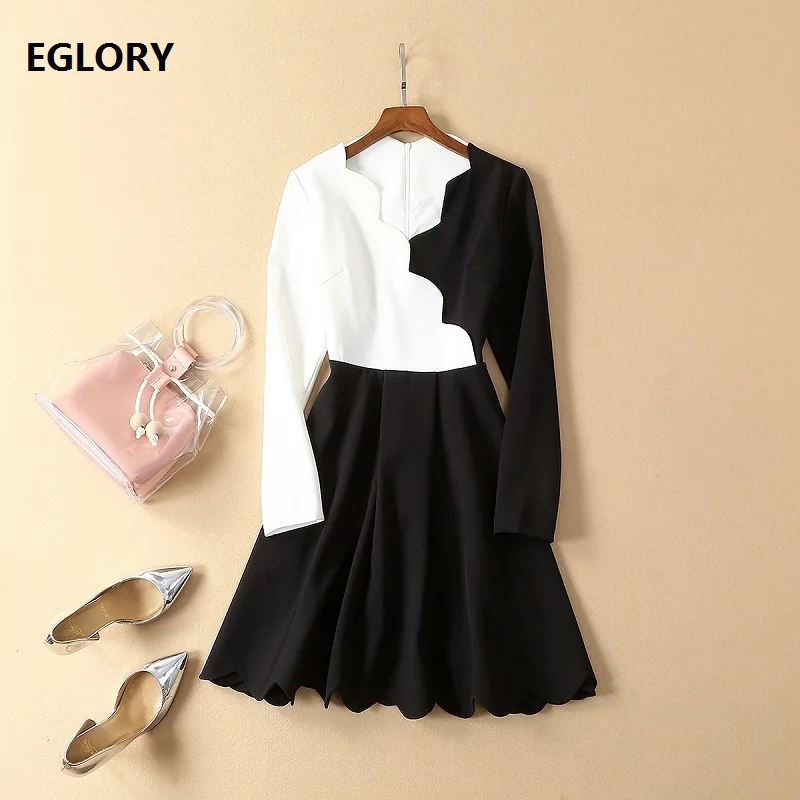

Chic Dress 2019 Spring Summer Fashion Style Women V-Neck Wave Pattern Black White Color Block A-Line Dress Tunic Party Wear