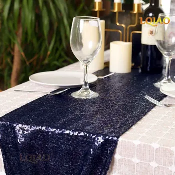 

Sparkly Navy Blue Sequin Table Runner Paillette Fabric Metallic Runner Linens Thanksgiving Christmas Wedding DIY Decor-12x108in