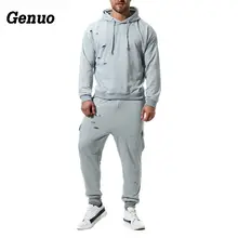 Genuo Autumn Hoodies Tracksuit Two Piece Set Male Hole Hooded Sweatshirt Sweatpants High Street Hoodies Sets Track Suit S-2XL