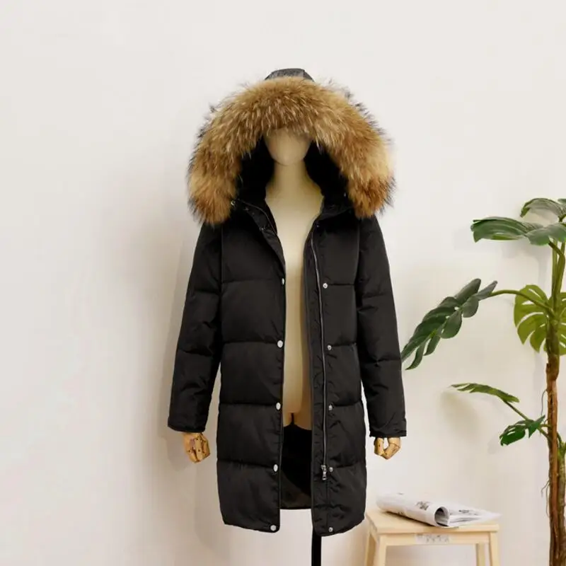 New Autumn Winter Fur Collar Long Thick Down Coats Women White Duck Down Jacket Hat Detachable Windproof Female Outwears Mw107