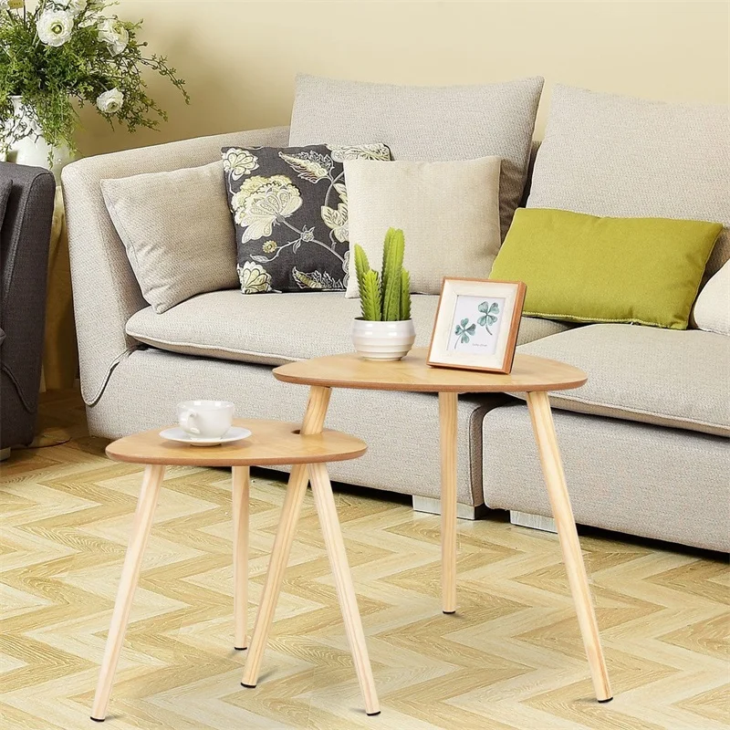 

2 Pcs Nesting Sofa Side Coffee Tables with Wooden Leg Triangle Shape Soft Foamed Pads End Table Set MDF Home Furniture HW59258