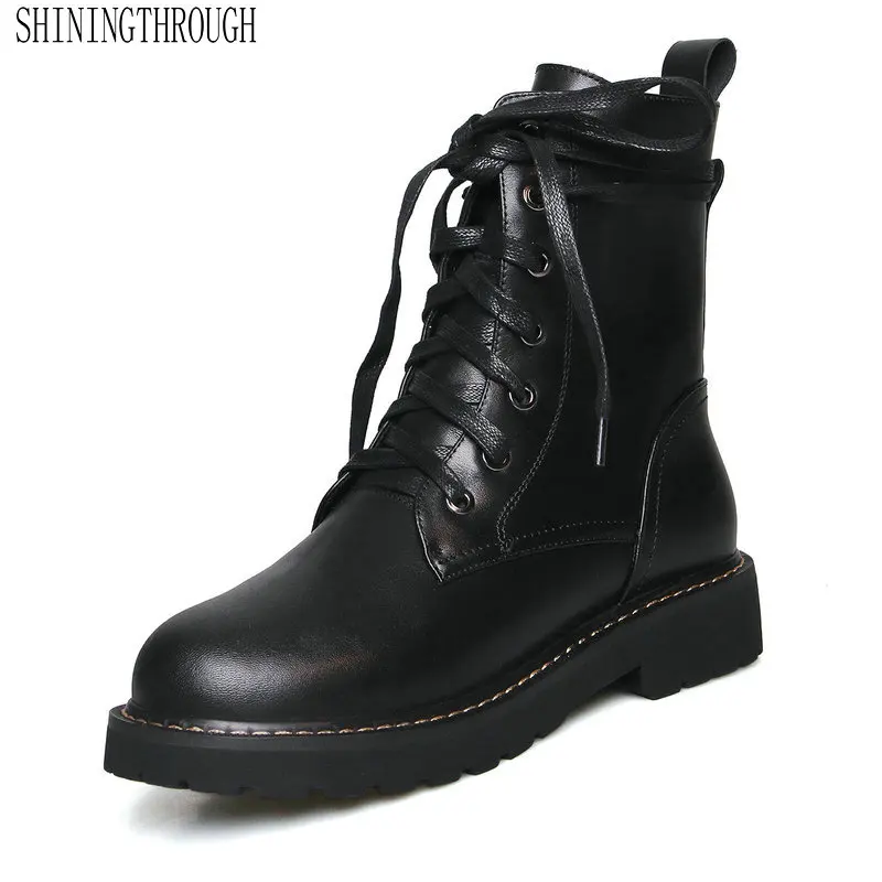 

Genuine Leather Women Fashion Erogenous Ankle Boots Cross-tied Low Heel Women Shoes Spring Autumn Round Toe Party Ladies Shoes