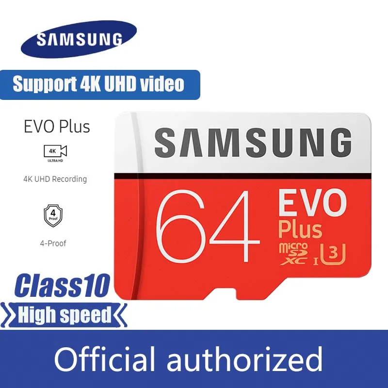 Карта памяти MicroSD SAMSUNG EVO Plus Micro SD карты памяти 64 ГБ microSDXC U3 C10 UHS-I 100 МБ/с. Разъем для карты TF 4 к HD с адаптером и USB 3,0 кард-ридер