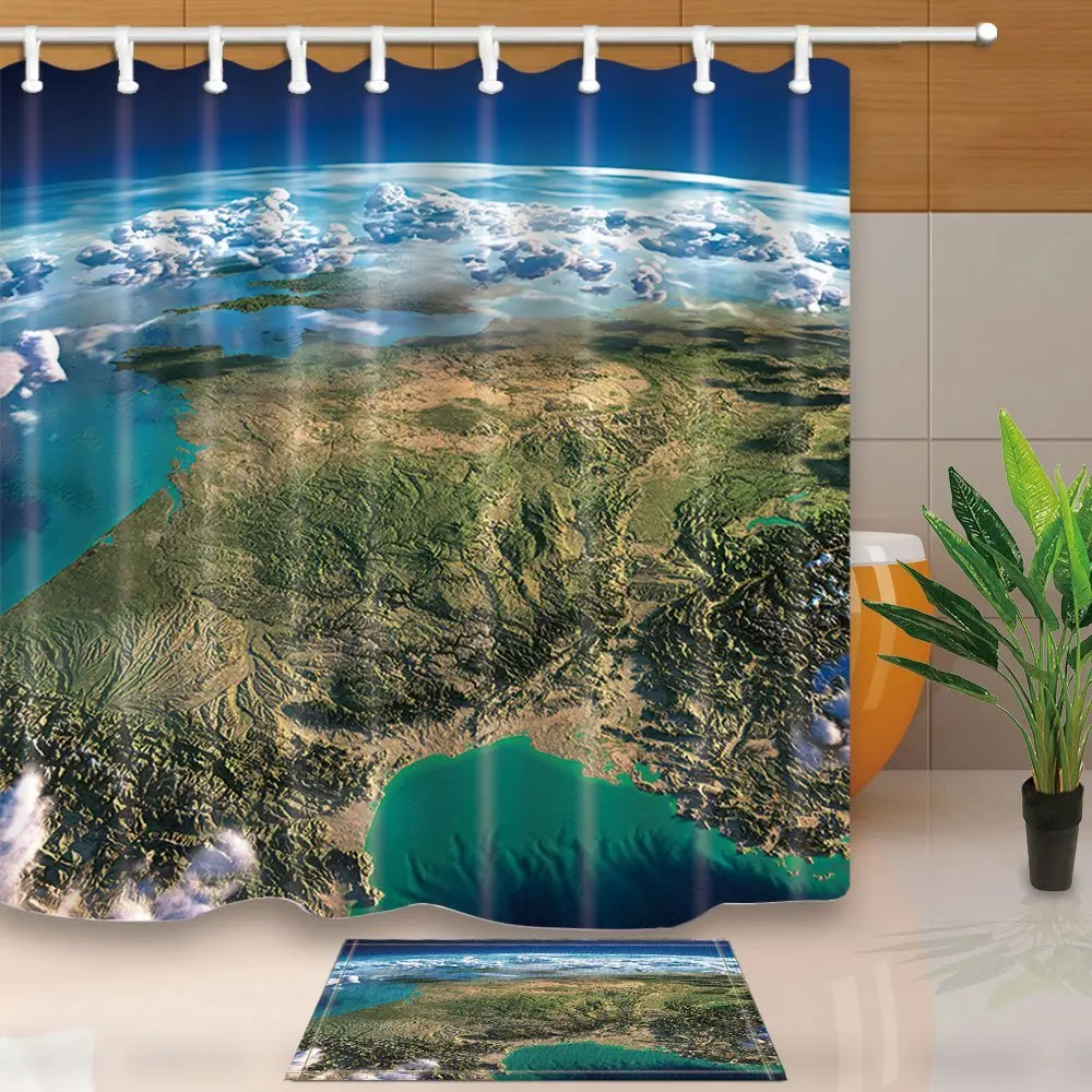 Galaxy Decor Space Planet Earth Surface with Ocean and Mountain Waterproof Polyester Fabric Shower Curtain Set Doormat Bath Rugs | Дом и сад