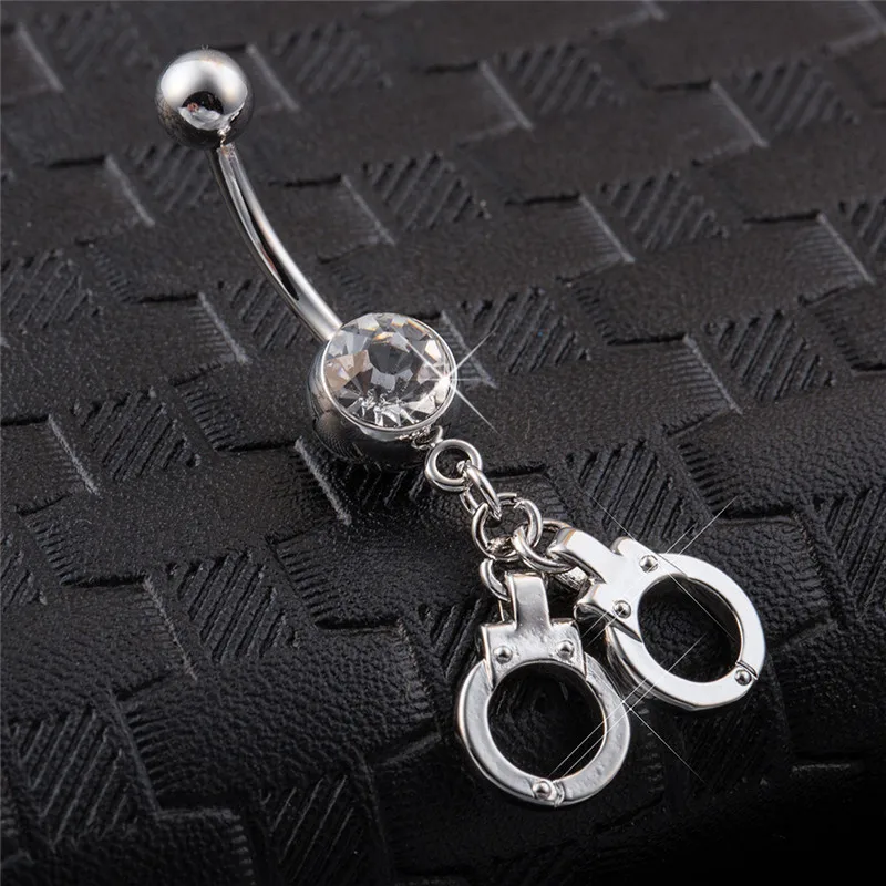 Europe Fashion Handcuffs Navel Belly Button Rings Silver Dangle Long