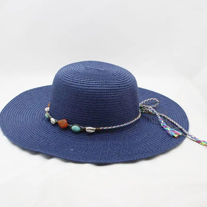 Круглый Raffia широкополый соломенный головной убор летние солнечные шляпы для женщин складные Панамы для отдыха пляжные шляпы Дамская свободная травяная шляпа - Цвет: navy