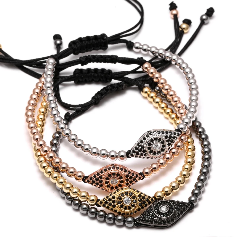 Mcllroy Fashion Style Pave Eye Connector & 4MM Round Beads Bracelets & Bangles Braided Macrame Men Bracelets Jewelry