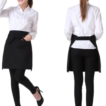 

Universal Adjustable Apron Dress Kitchen Restaurant Chef Cooking Black Short Apron Waiter Apron With Double Pockets