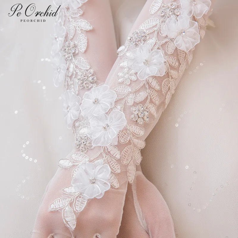 PEORCHID бусины в форме цветов перчатки для Свадебные аксессуары Da Sposa подружки невесты танцевальный костюм для вечеринки Полный Пальцы кружева длинные перчатки для невесты