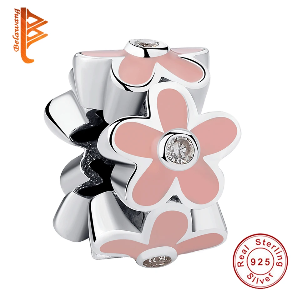 

BELAWANG 100% 925 Sterling Silver Pink Enamel Daisy Flower Heart Bead Charm fit Original Bracelets Silver Jewelry Making
