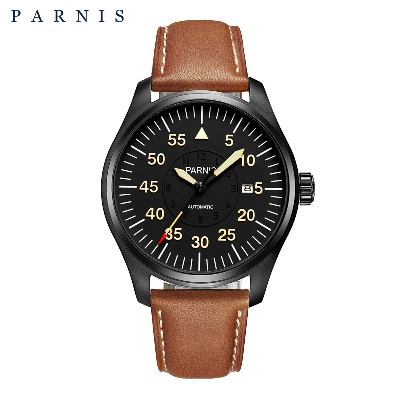 

44mm Parnis Watch Men Automatic Mechanical Wrist Watch Stainless Steel Case Black Dial Luminous Number Military Men Gifts
