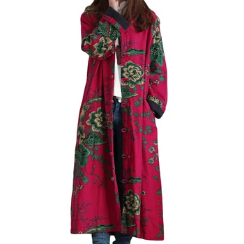 

2020 Hot Selling Winter Women Fashion Vintage Embroidery Flowers Trench Coats Female Single Breasted Linen Cotton Coats